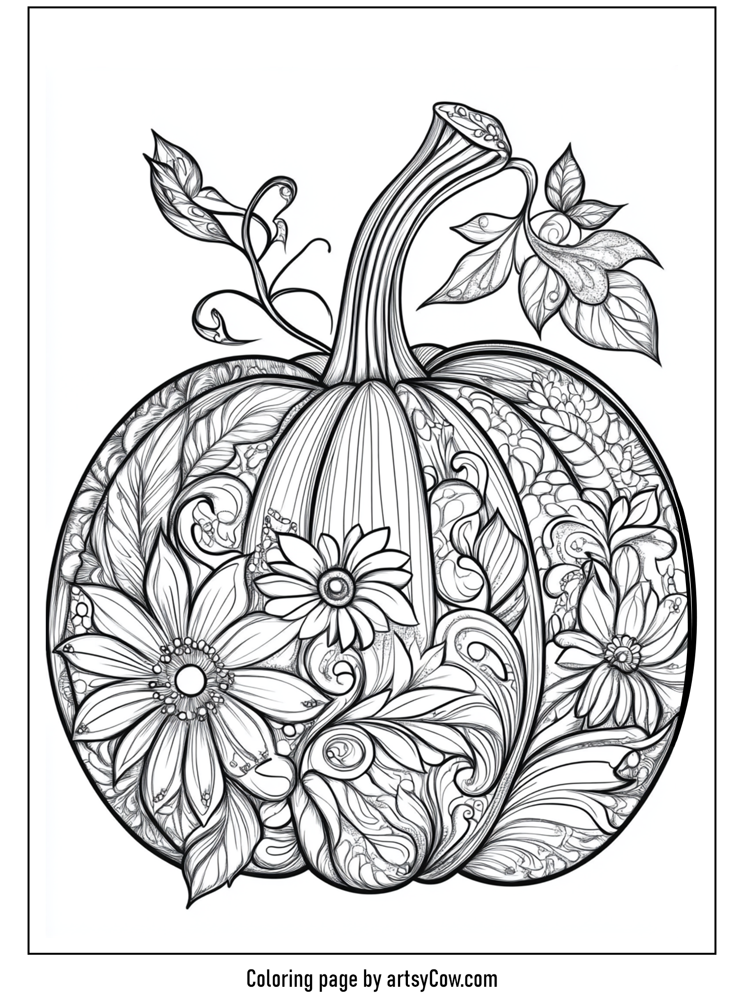 Thanksgiving coloring pages for adults featuring a detailed pumpkin adorned with intricate flowers and leaves.